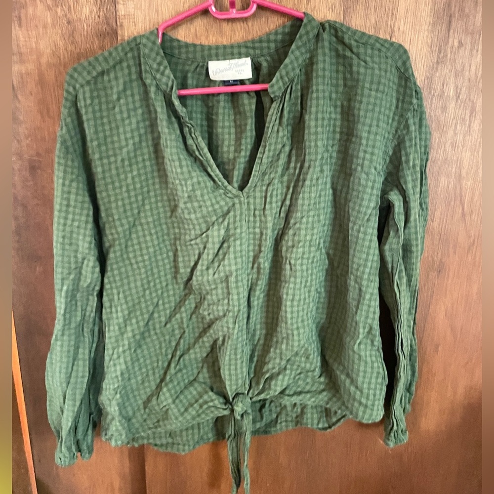 green check long sleeved knot-front blouse